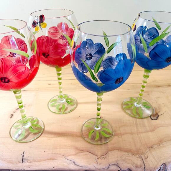 4 Vtg Hand-Painted Flower Butterfly Wine Glasses Goblets Floral Set Glass Water - Picture 7 of 11